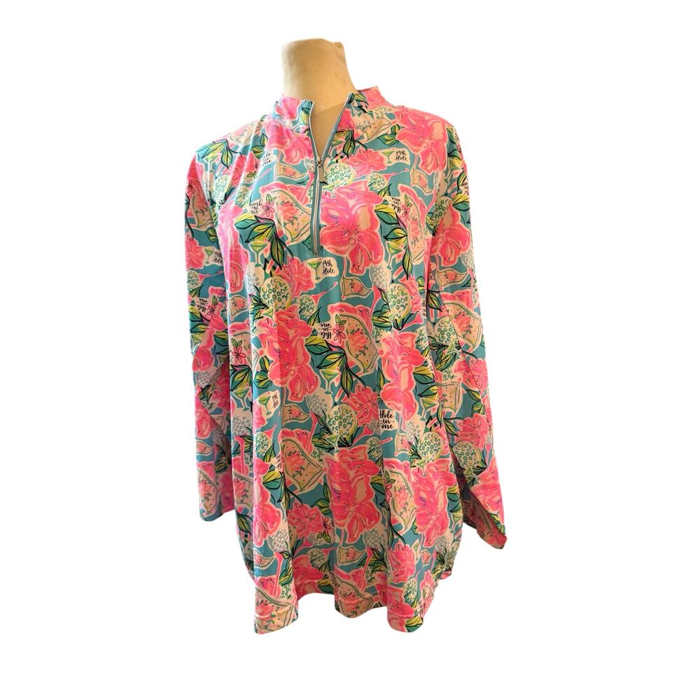 Lu Lu B's  “Hole In One” Quarter Zip Pullover Golf Print Pink Blue 1X